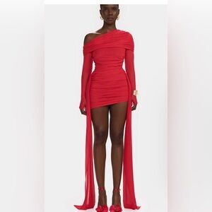 Red Asymmetrical Ruched Off-Shoulder Dress